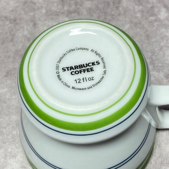 2007 Starbucks White Coffee Mug Green Band Blue Stripes Tea Cup 12oz Microwave a - Picture 9 of 11